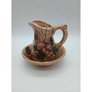 Vintage Mushroom Log Stump Pitcher Bowl Acorn Oak Leaves Merry